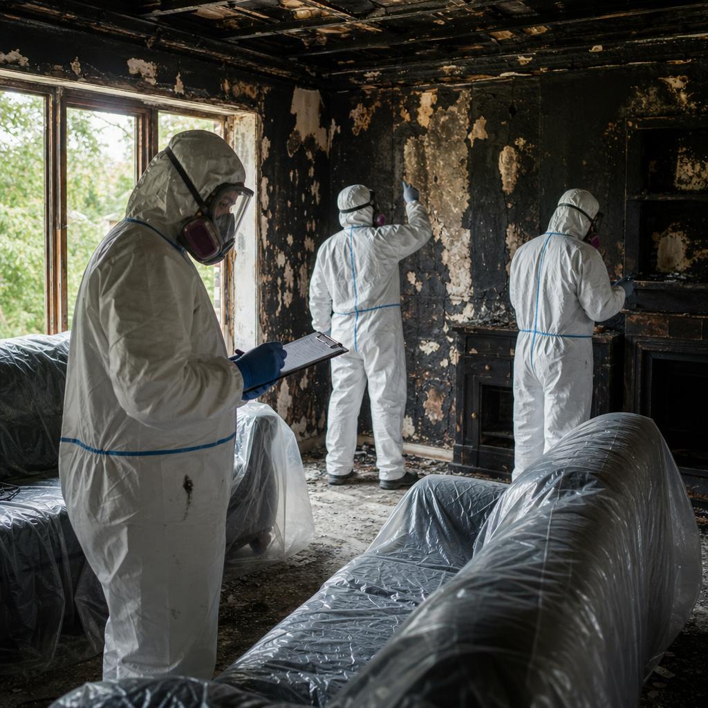 Titan Fire Restoration crew performing fire damage restoration inside a South Florida home