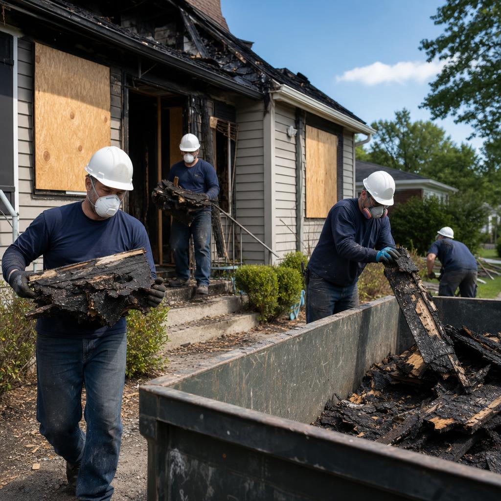 Fire-damaged interior being cleared during professional post-fire cleanup